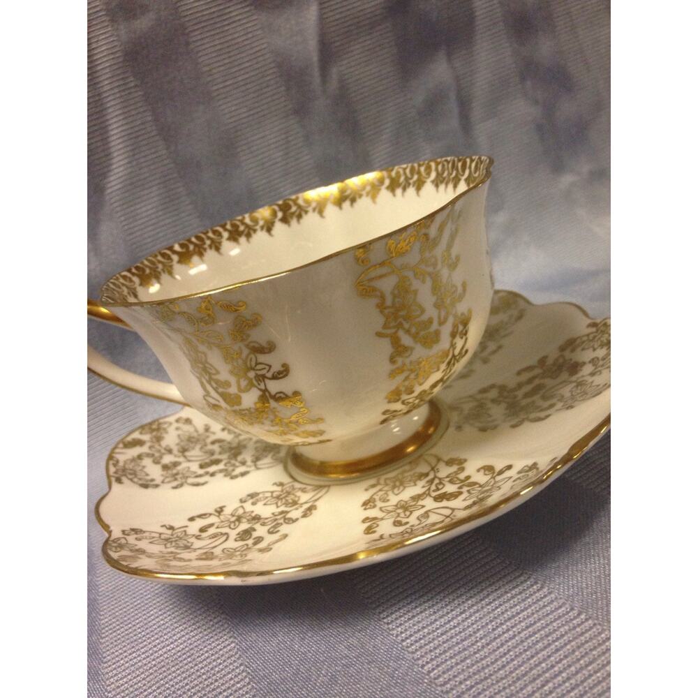 SHELLEY Gold and White Teacup and Saucer Set